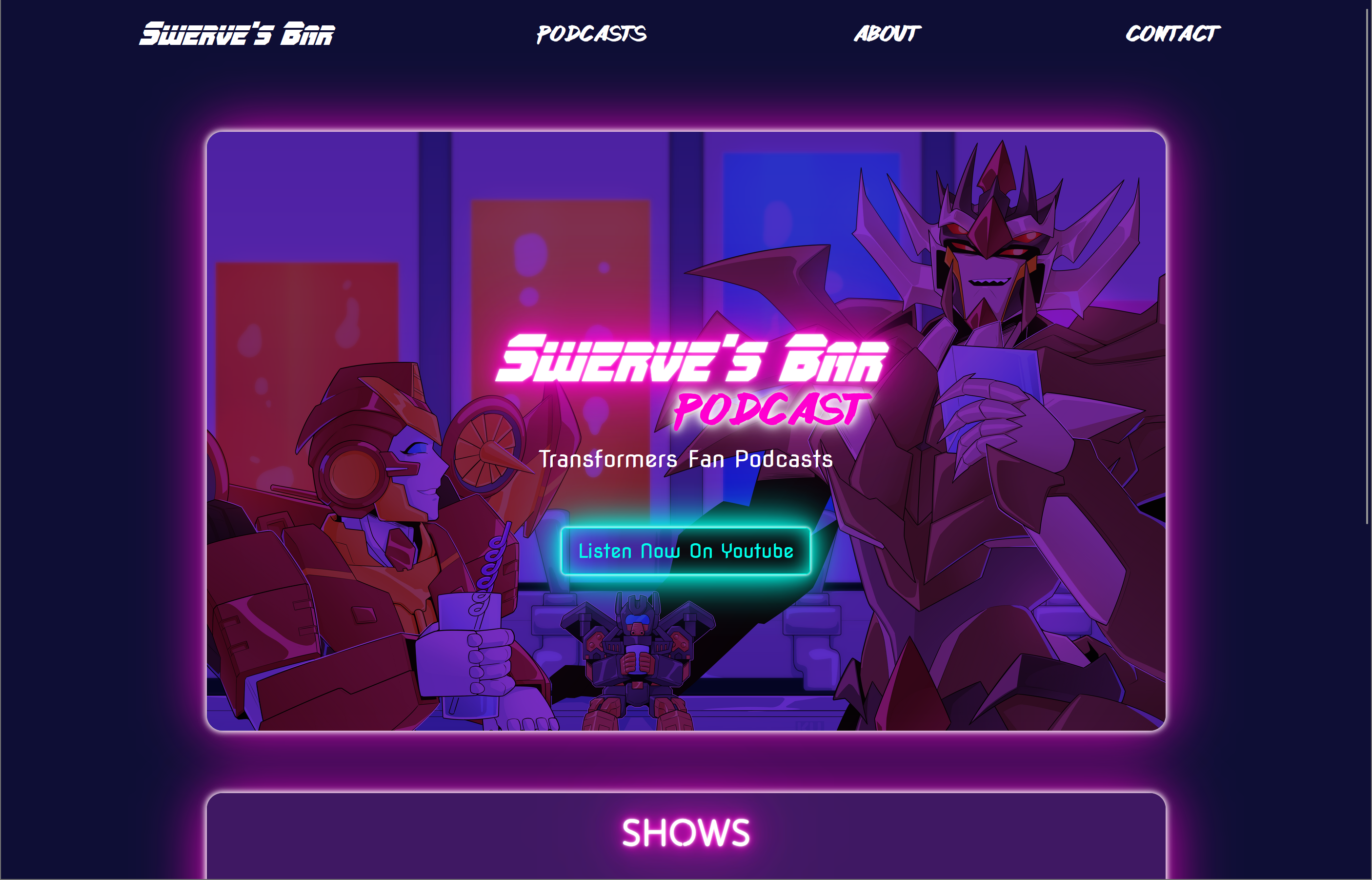 Screenshot of the final version of the Swerve's Bar Podcast website, show a website with dark blue background, fuzzy neon pink borders around content, and a futuristic font